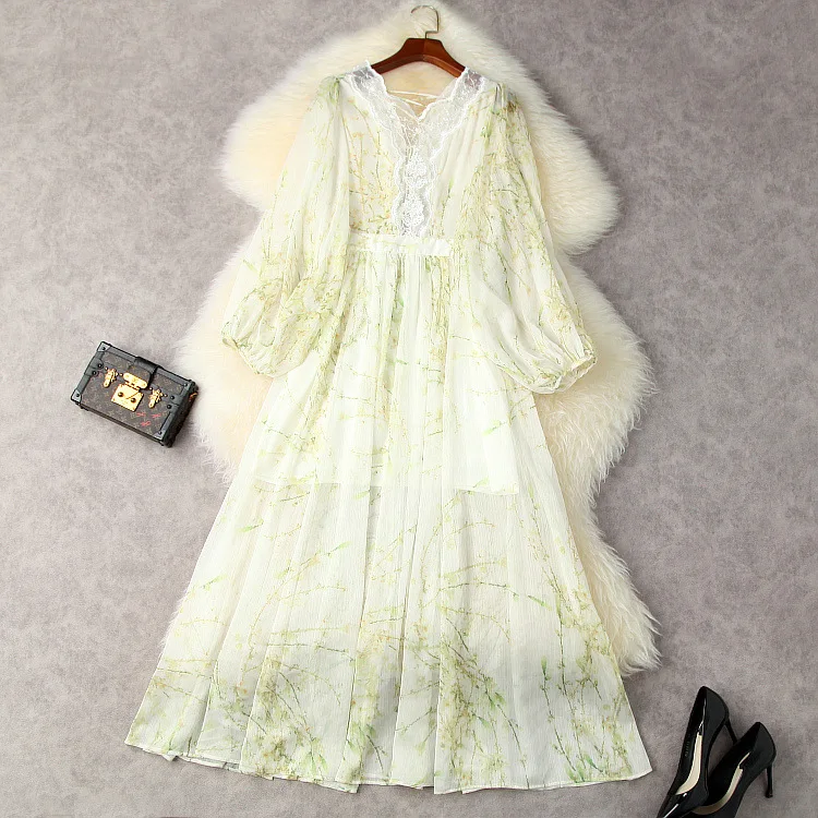 

European and American women's wear for summer 2021 Long sleeve lantern sleeve V-neck Fashion lace spliced print dress