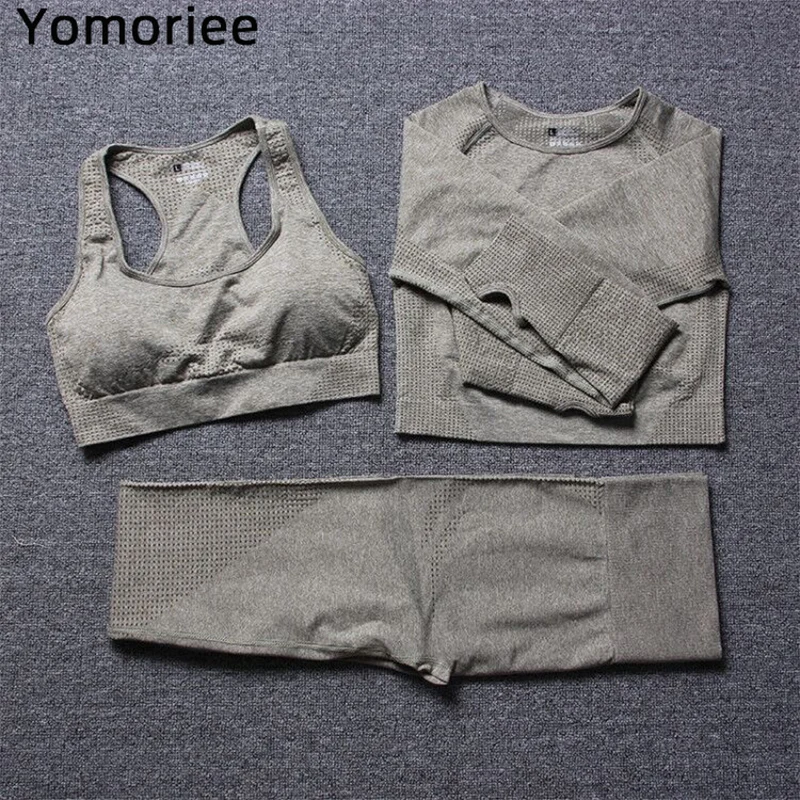 

Three-piece Running Fitness Leggings Yoga Suit Gym Sport Workout Long-Sleeved Trousers Seamless Athletic Wear For Women Yomoriee
