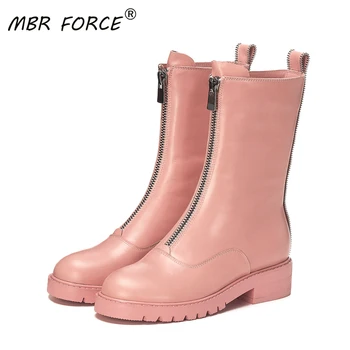 

MBR FORCE Fashion High quality cowhide round head non-slip rubber sole European and American style Sexy zipper mid calf boots