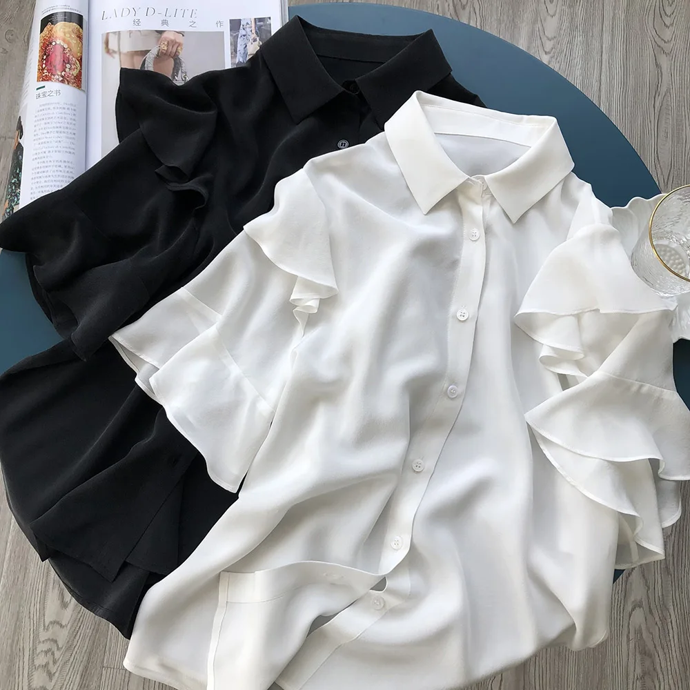 Elfbop Ladies 100% Silk Ruffled Short Sleeve Blouse Shirt Top - Women White/Black Top 2