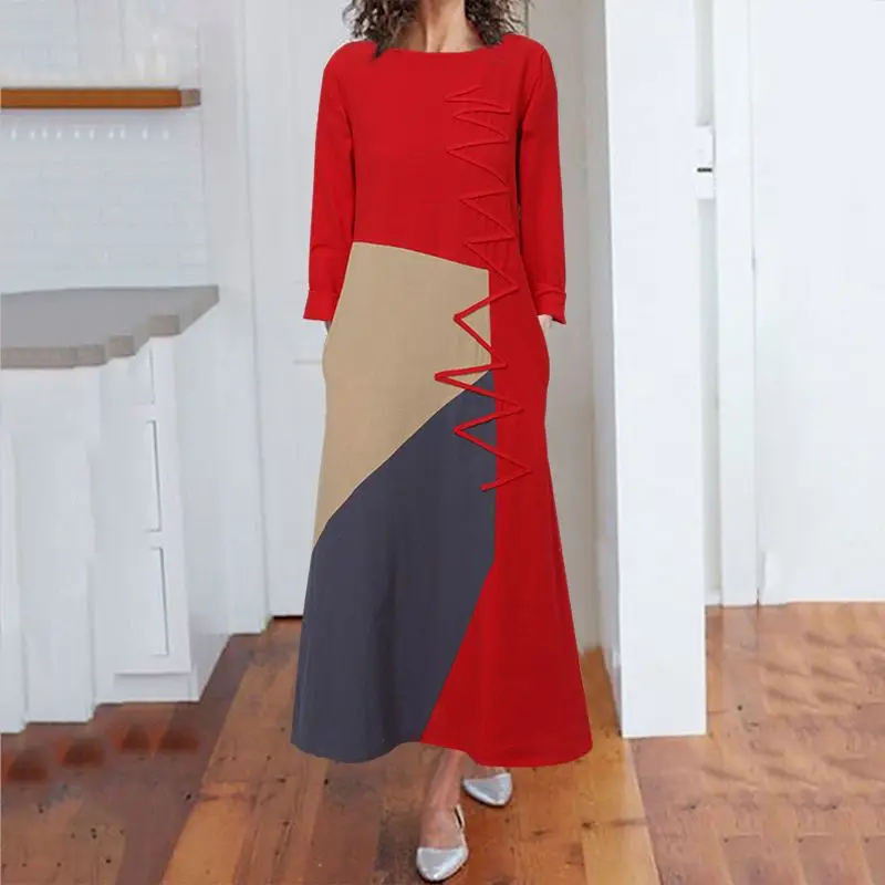Celmia Women Patchwork Maxi Dress Kaftan Vintage Office Work Vestidos 2020 Autumn Fashion Casual Long Sleeve Party Dresses Robe