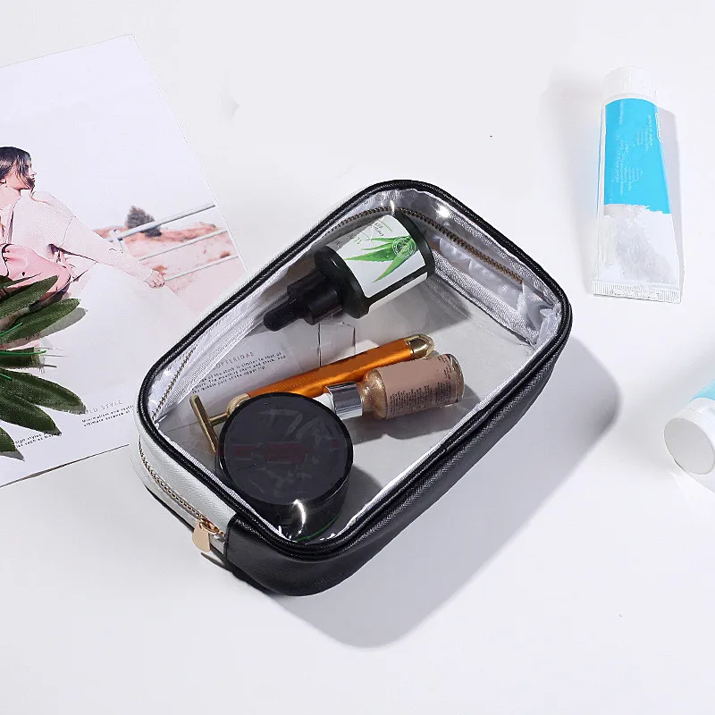 

New Fashion Pu Leather Women Cosmetic Bag Clear PVC Beauty Makeup Bag Travel Wash Toiletry Brush Storage Organizer Box Bag Pouch