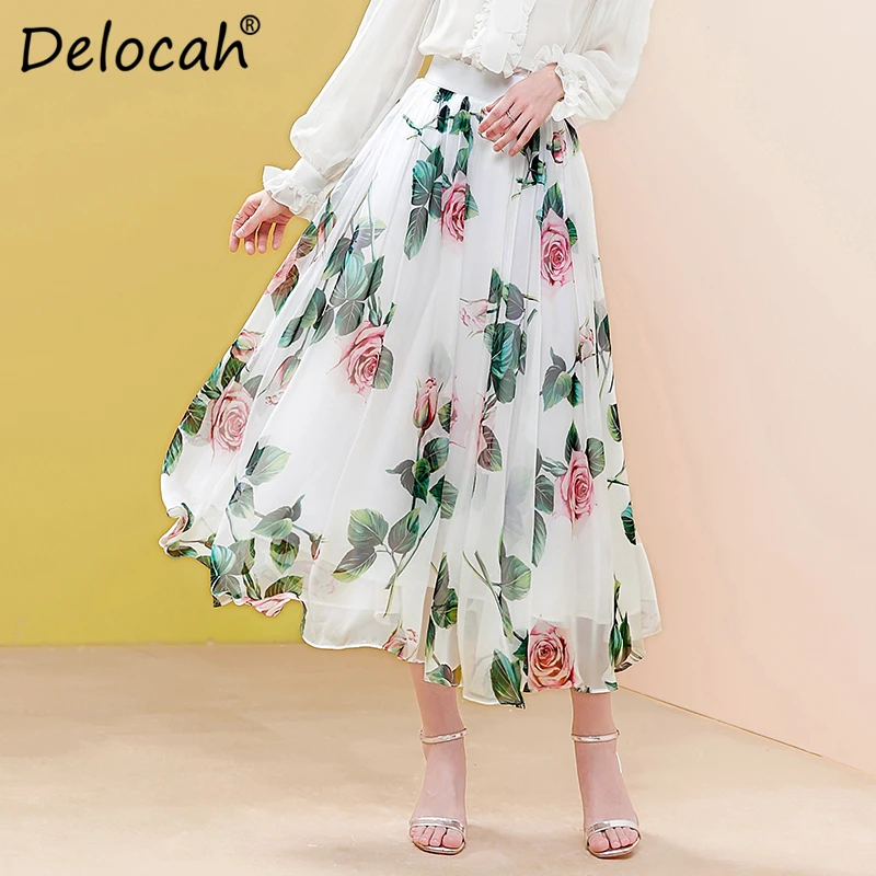 

Delocah Spring Summer Fashion Designer Women Skirt Rose Floral Printed Elegan Slim Casual Style Female Midi A-line Skirts