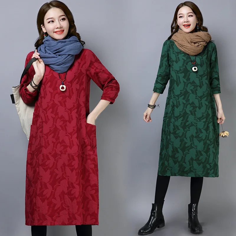 

2019 Early Autumn New Style Literature And Art Large Size Loose-Fit Elegant Medium-length Dress Jacquard Long-sleeved Dress Wome
