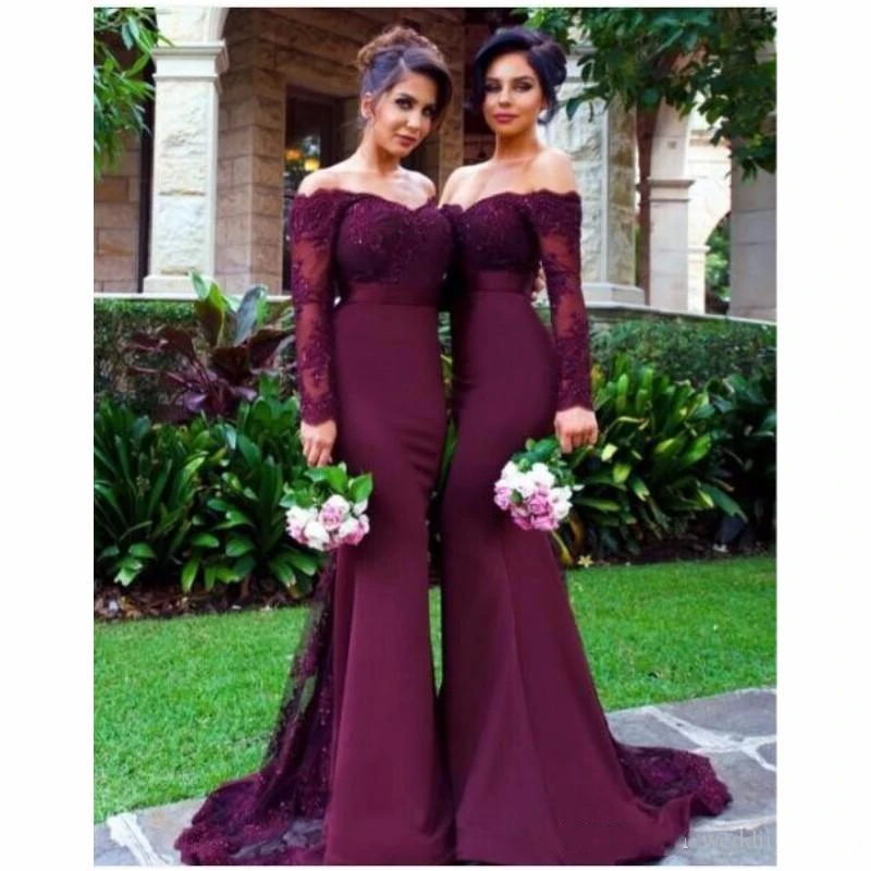

Elegant Burgundy Mermaid Long Sleeve Bridesmaid Dresses Arabic Off-shoulder Free Ship Dresses Gowns