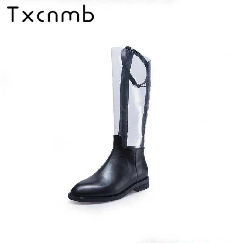 

TXCNMB Women Genuine Leather Knee High Boots Spring Autumn Back Zipper Shoes Woman =New Fashion Motorcycle Riding Boots