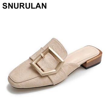 

SNURULAN Metal Buckle Front Block Heel Mules Women Large Size 42 43 Summer Shoes Square Toe PU Leather Ladies Mules Casual