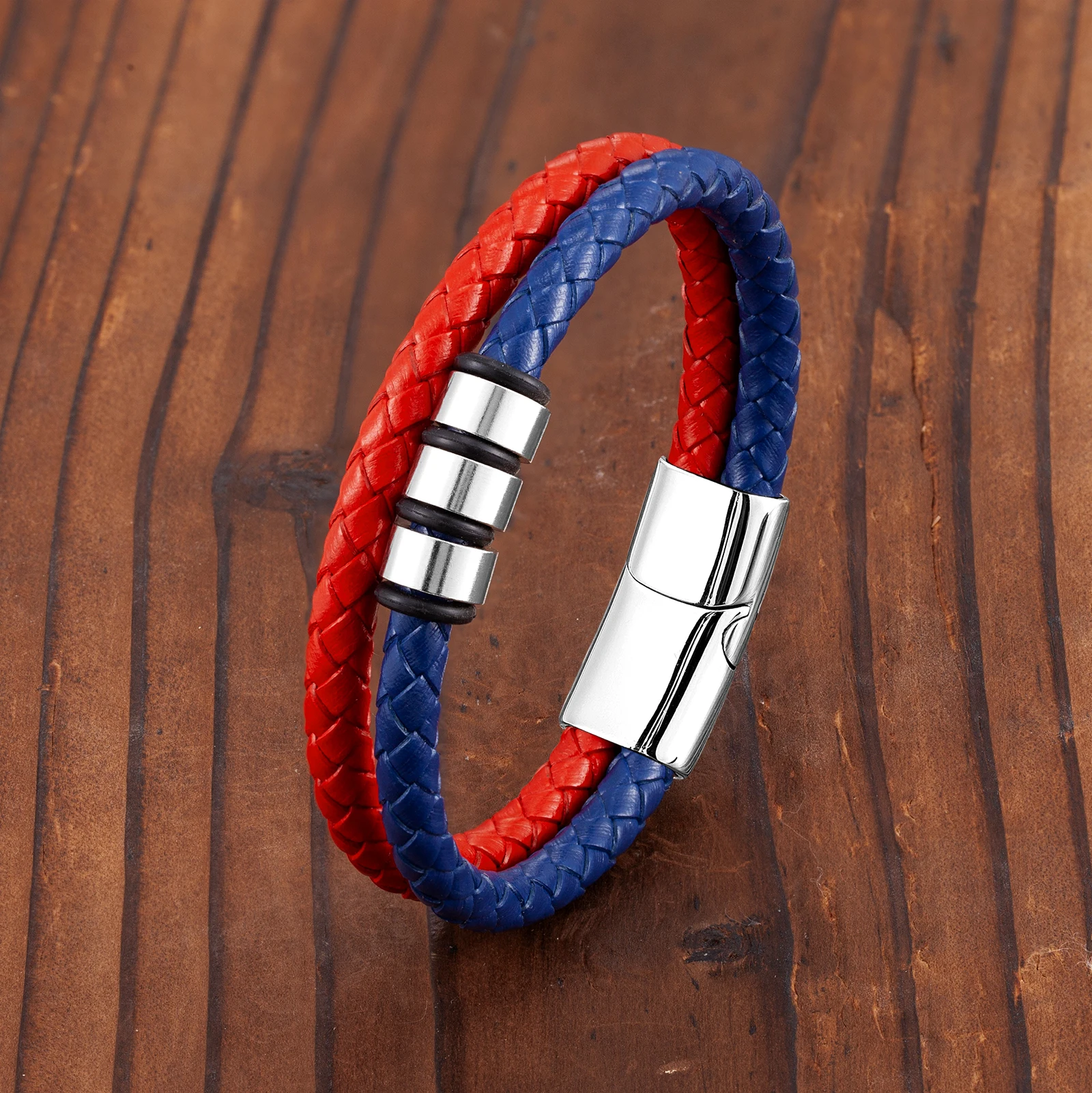 New Simple Punk Style 3 Rings 316L Stainless Steel Magnetic Buckle Men's Bracelet Two Tone Leather Cord Charm Jewelry Bracelet bracelet jewelry
