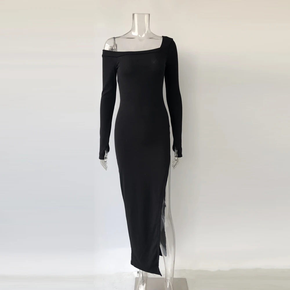 Xllais/Мягкое хлопковое платье с квадратным воротником; приталенное платье с высоким разрезом; вечерние Клубные платья с длинными рукавами; Клубная одежда; модная одежда; - Цвет: Черный