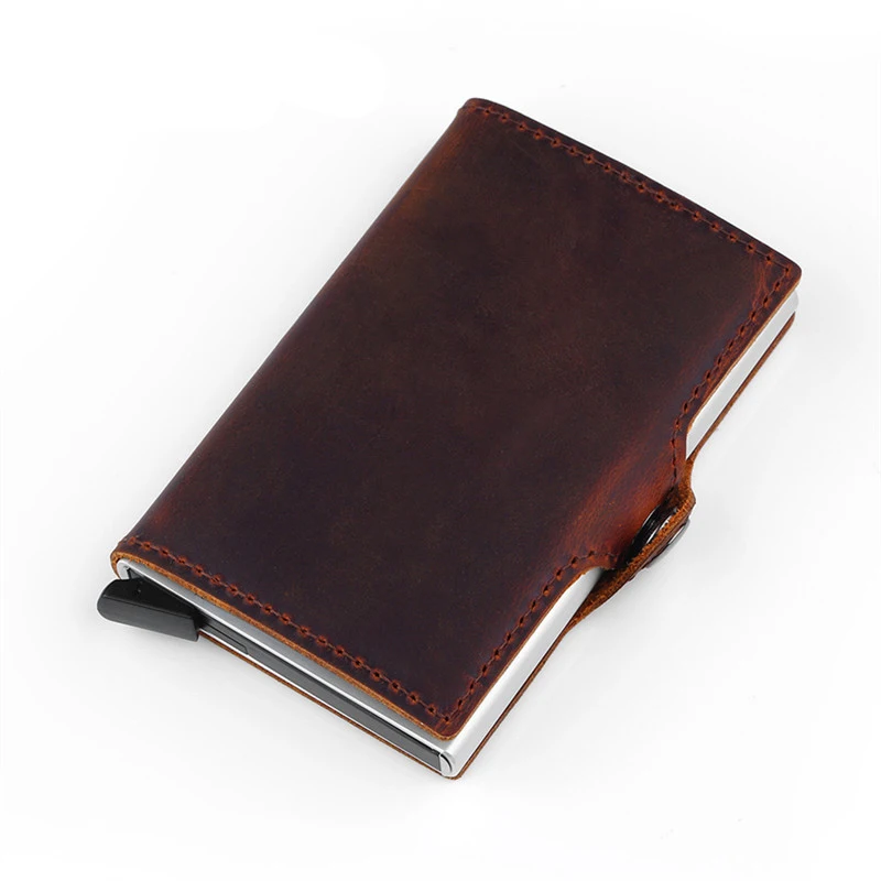 

2020 Fashion Wallet Genuine Leather Unisex Business Card Holder Metal Rfid Blocking Mini Slim Wallet Hasp Travel Purse Free Gift