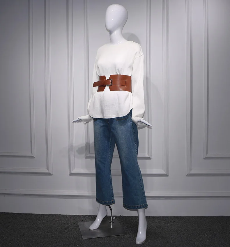 

White Textured Loose Round-necked Long-sleeved Korean Belt Midi-length Top 2019 Pullovers Sweatshirts Women