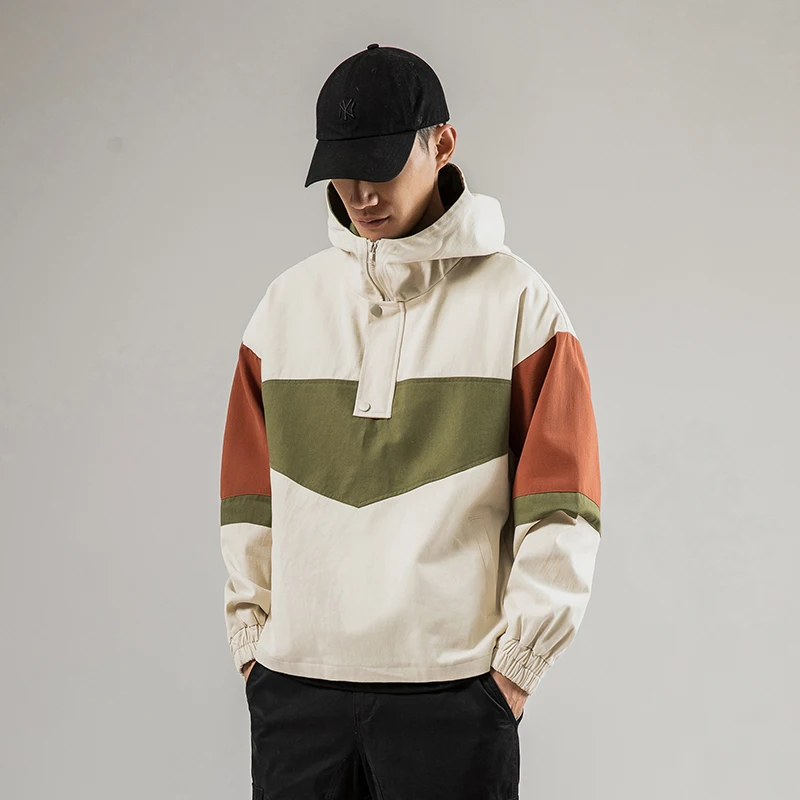 

Dossan HipHop Patchwork Hooded Men Hoodie Windbreaker Jacket for Men Spring Casual Loose Track Hoodie Jacket Coats Streetwear