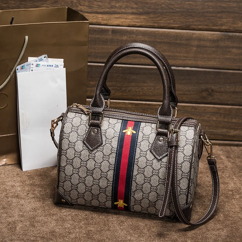 

2019 Spring New Style Europe And America Printed Lettered Boston Bag Canvas WOMEN'S Handbag Pillow Shoulder