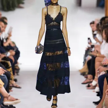 

European Grand Prix 19 Summer Fashion Show Women's Clothing Rome Cotton Splicing Lace Repair Waist Big Dress