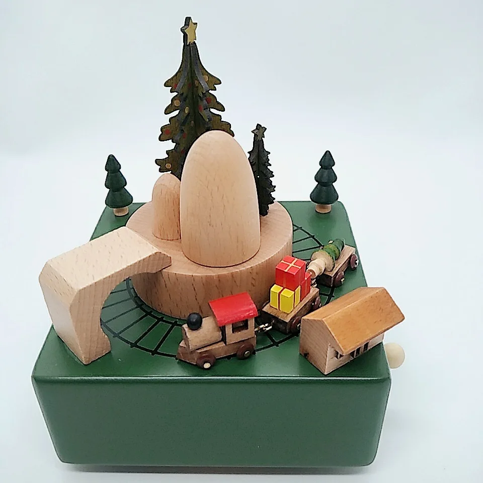 

Handmade Cute Christmas Train Wooden Music Box Mini Running Train Carousel Music Box New Year Gift Merry Christmas Music Box