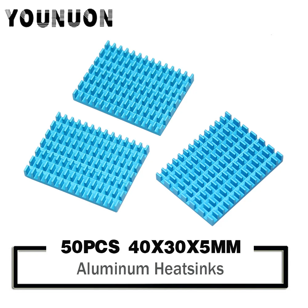 Younuon 40x30x5 mm Alumínio Dissipador de Calor Azul Perfil de Alumínio Dissipador de Calor Chip ic Cpu Roteador Memória Pcb Placa Refrigerador Eletrônico 50 Pcs