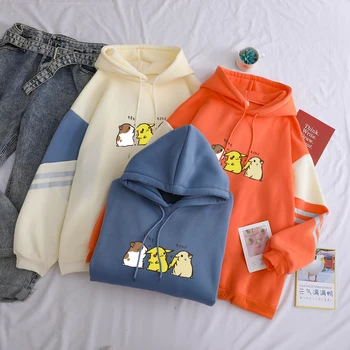 

Women's Hoodies Patchwork Sweatshirts Warm Kawaii Anime Pikachu Hamster Pokemon Printed Loose Outwear Cartoon Harajuku Pullove
