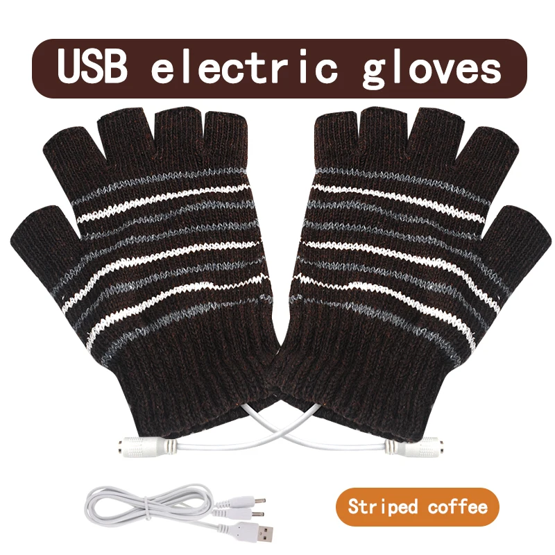 Brown 1 пара USB перчатки с подогревом полосатые вязаные рукавицы теплые руки зимние теплые для рук унисекс женские и мужские - Цвет: Brown