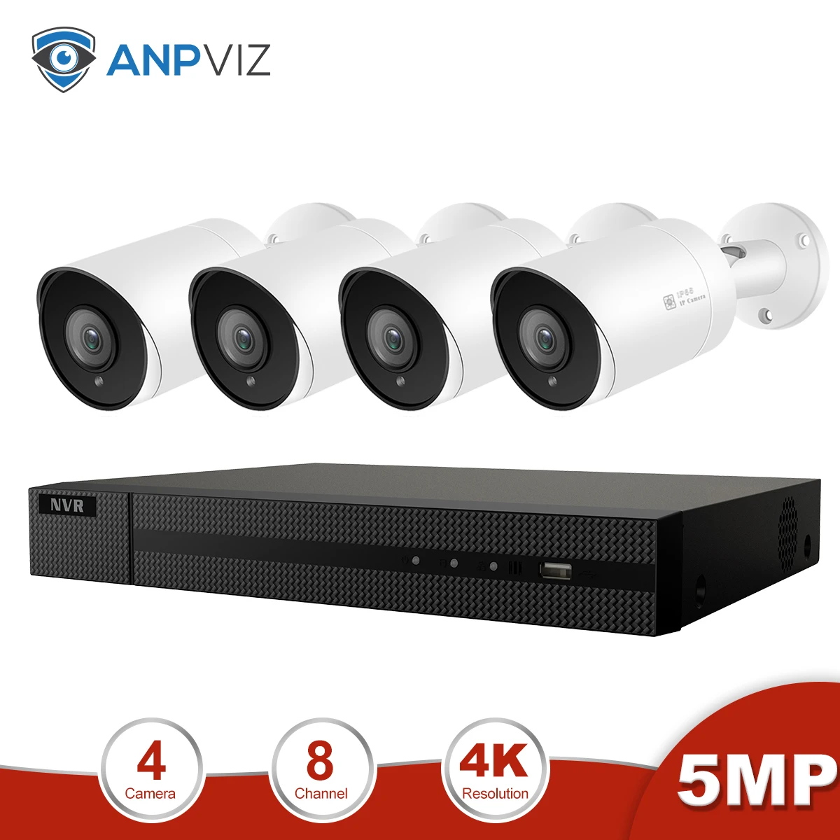 4 Cameras Kit Anpviz 8CH 4K NVR 5MP POE Bullet ip-камеры для дома/улицы системы безопасности комплекты H.265 ONVIF CCTV комплекты видеонаблюдения NVR - Цвет: 4 Cameras Kit