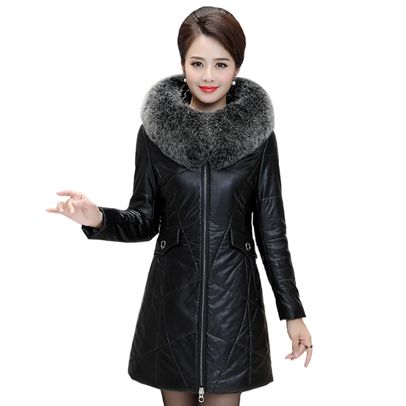 

2019 Winter Sheepskin Leather Jacket Women Fur Parka Slim Long Coat Female Womens Down Jackets With Fur Collar Plus Size 7XL 8XL