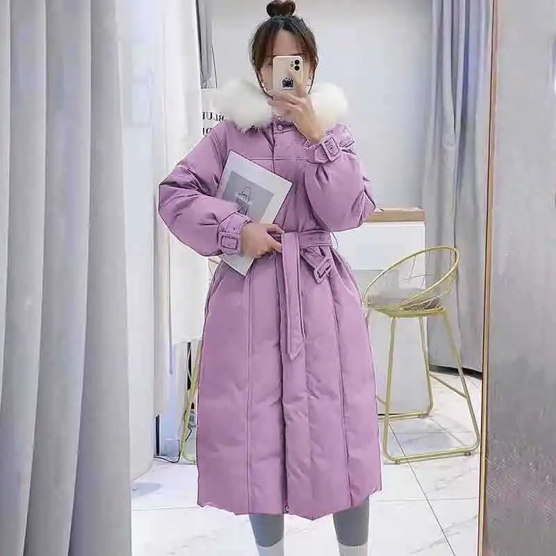 

Winter 2021 new style belt over the knee down jacket female classic sweet waist big fur collar hooded jacket