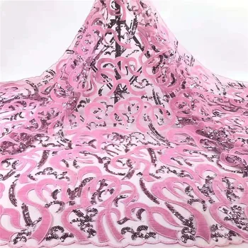 

New African Laces Fabric 2019 pink color High Quality Lace sequins French Tulle Lace Fabric Party African Lace Material cd82-375
