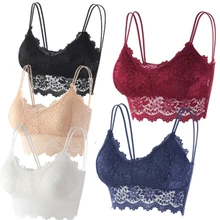 2021 Women Sunflower Lace Bralette with Removable Pads Wireless V-Neck Strappy Bandeau Bra Underwear Solid Color Camisole