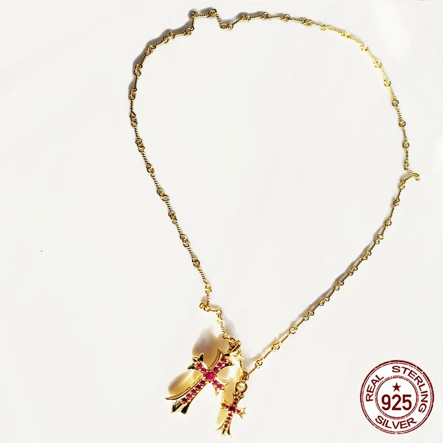 

S925 Sterling Silver Necklace red simple wild style gold cross necklace pendant Classic couple style sweater chain Send