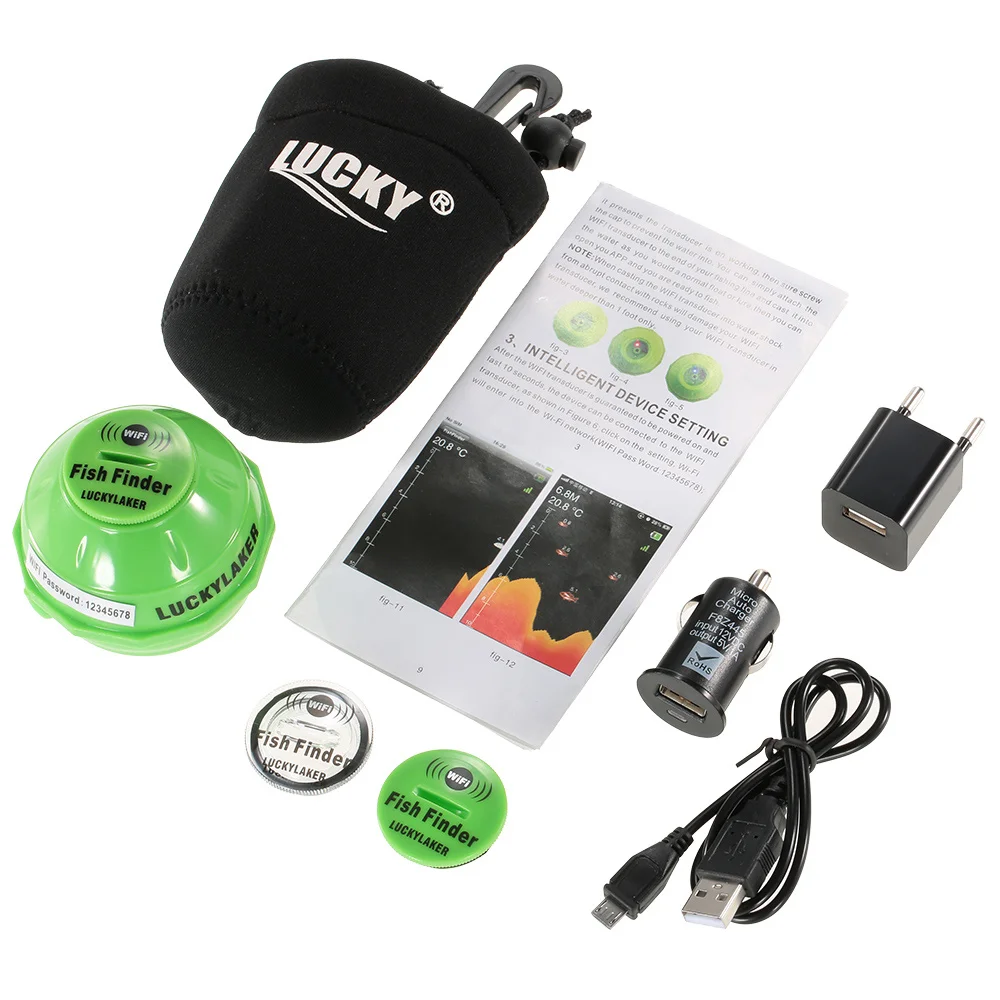 

New FF916 Sounder Sonar Wireless WIFI Fish Finder 50M/130ft Sea Fish Detect Finder For IOS Android Wi-Fi Fishfinder+Car Charge