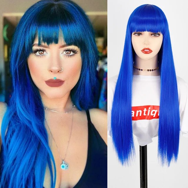 Synthetic Hair Pink and Black Wig Long Straight hair Cosplay Wig Two Tone Ombre Color Women Wigs blue