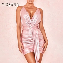 Yissang Бандажное платье с запахом, женское сексуальное платье с глубоким v-образным вырезом для вечеринки, Мини Летнее облегающее платье на бретельках, Vestidos