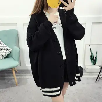 

Autumn Oversized Striped Knitted Cardigan Button Women Single Breasted Sweater Jacket Female Long Sleeve Sweater Cardigan