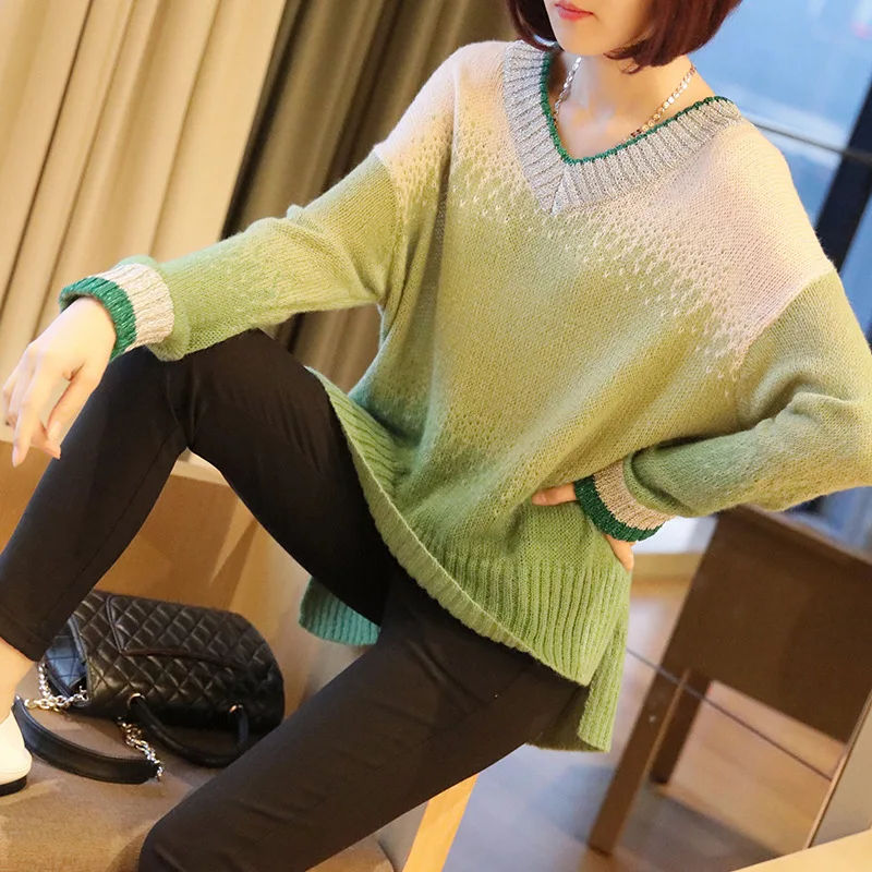 Korean fashion hit color v-neck sweater autumn and winter new women loose in the long section long-sleeved knit shirt
