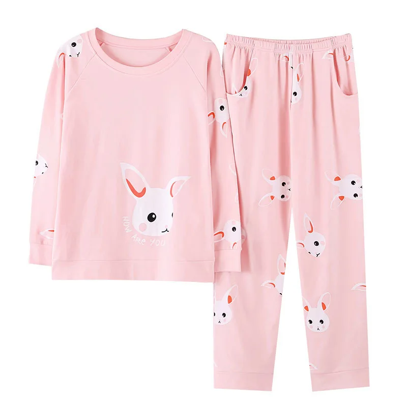 Милый пижамный комплект, розовая Женская пижама с Банни баг, осенняя пижама с длинными рукавами, пижама с принтом, длинная домашняя одежда