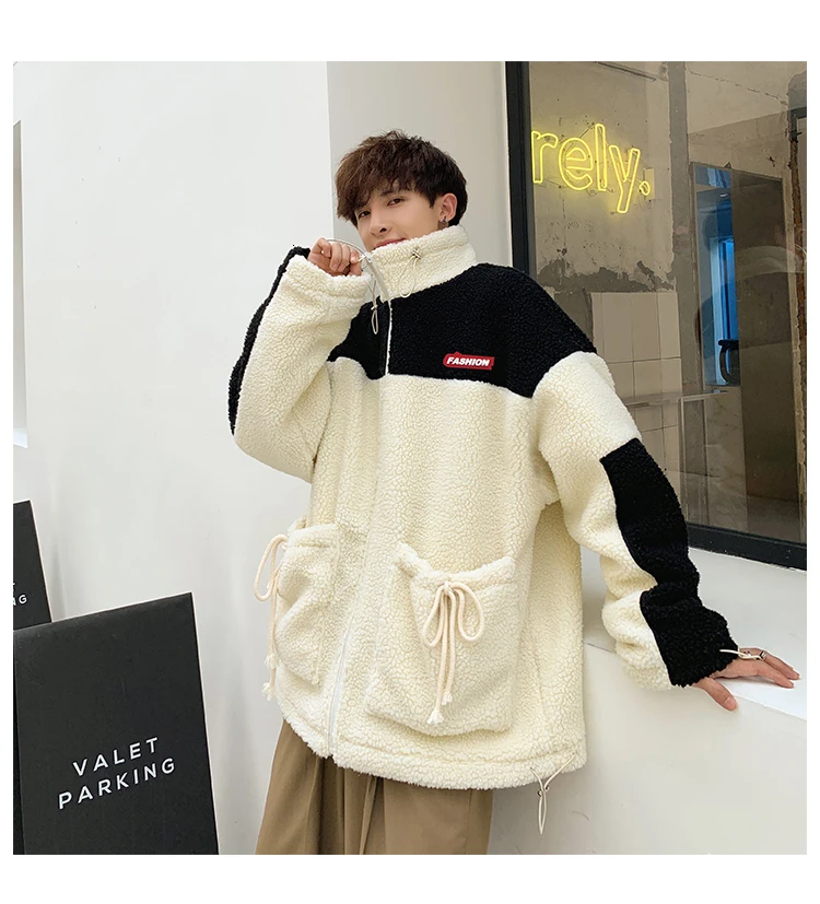 Winter new collection of patchwork printed thick and fleecy hooded padded clothes loose casual personality youth men's wear