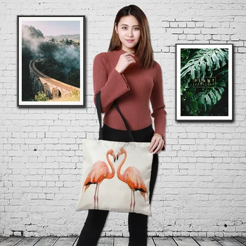 

Customize women bag flamingo printed linen bag handbag printing women Popular element Traveling Shopping printed cloth bags