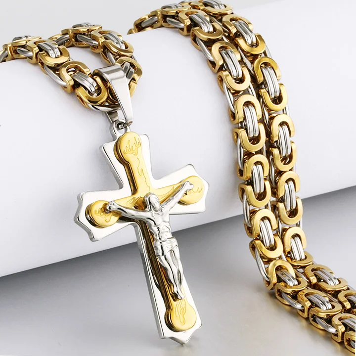 Gold Silver Tone Тяжелый подвесной крест с распятием ожерелье для мужчин золото нержавеющая сталь мужские панк ожерелья Византийская цепь Мужские Подарочные ожерелья украшения - Окраска металла: Gold Silver Tone