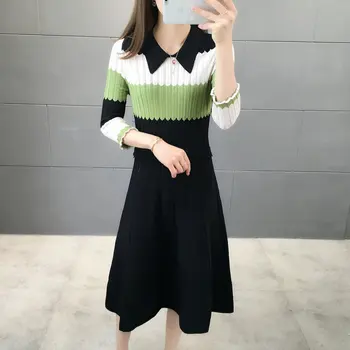 

Woman Smart Casual Knitted Fake 2 Pieces Shift Dress Elegant Green Yellow Khaki Colour Block Long Sleeve Straight Dresses Women