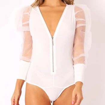 

PADEGAO Women Sheer Mesh Long Puff Sleeve Bodysuit Leotard Bodycon Solid V Neck Zipper Zip-up Jumpsuit Tops Clothes PDG649