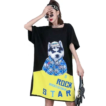 

QING MO Summer Women T Shirt Dress 2020 Women Cartoon Printed Dress Female Patchwork Color Dress Black White ZQY3087
