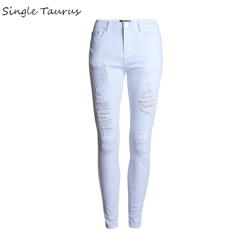 

High Waist White Jeans for Women Fashion Ripped Skinny Jeans Hole Scratched Leisure Slim Push Up Trousers Mujer Distressed Denim