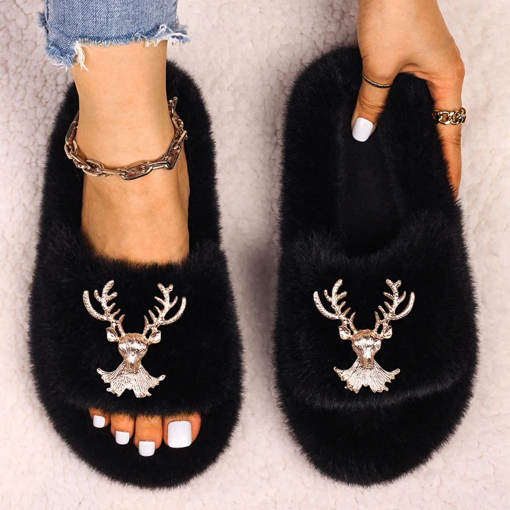 Women Furry Slippers Luxury Metal Deer Head Faux Fur Slides Fluffy Flip Flop Flat Outdoor Sandals Fashion Slippers Female Shoes