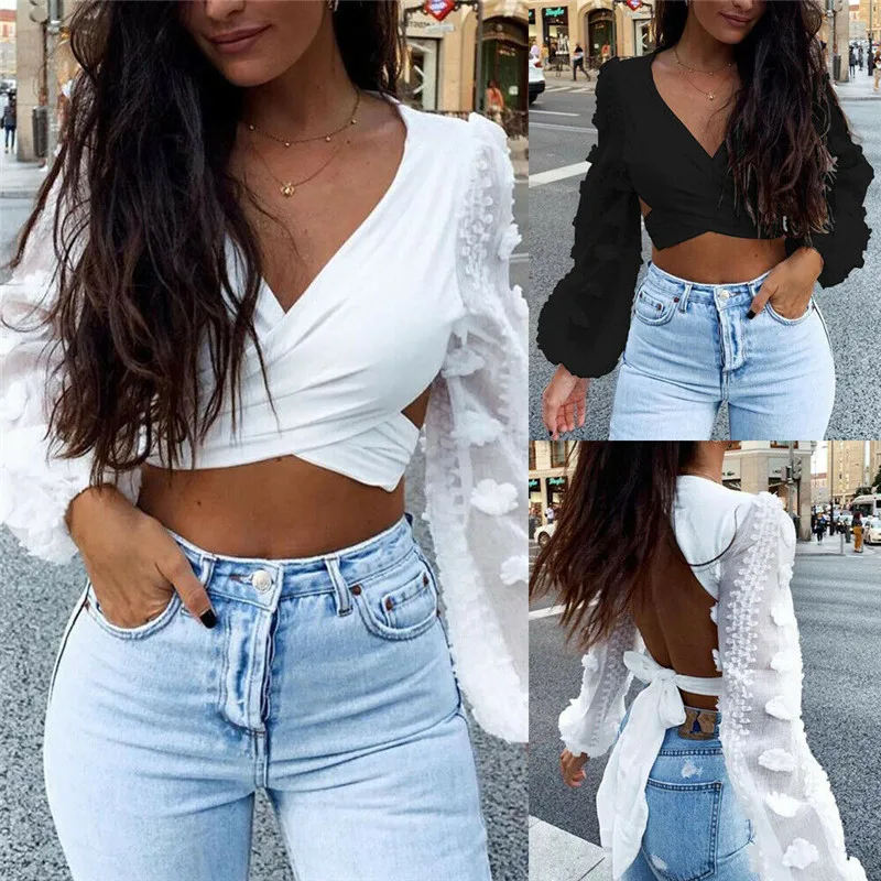 Women Sheer mesh Transparent Club Sexy V Neck Tops Backless Bowknot Bandage Ruffles Shirt Blusas Blouse Cropped Clothes Femme | Женская