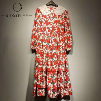 

SEQINYY 100% Cotton Dress 2020 Early Autumn Spring New Fashion Design Women Lace Embroidery Red Flowers Print Loose Dress