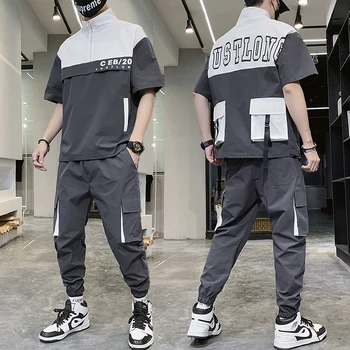 

Men Set Summer Hip Hop Letter Printed T Shrits + Pant Men Back pocket Short Sleeve Sweat Two Piece Suit Men Clothing