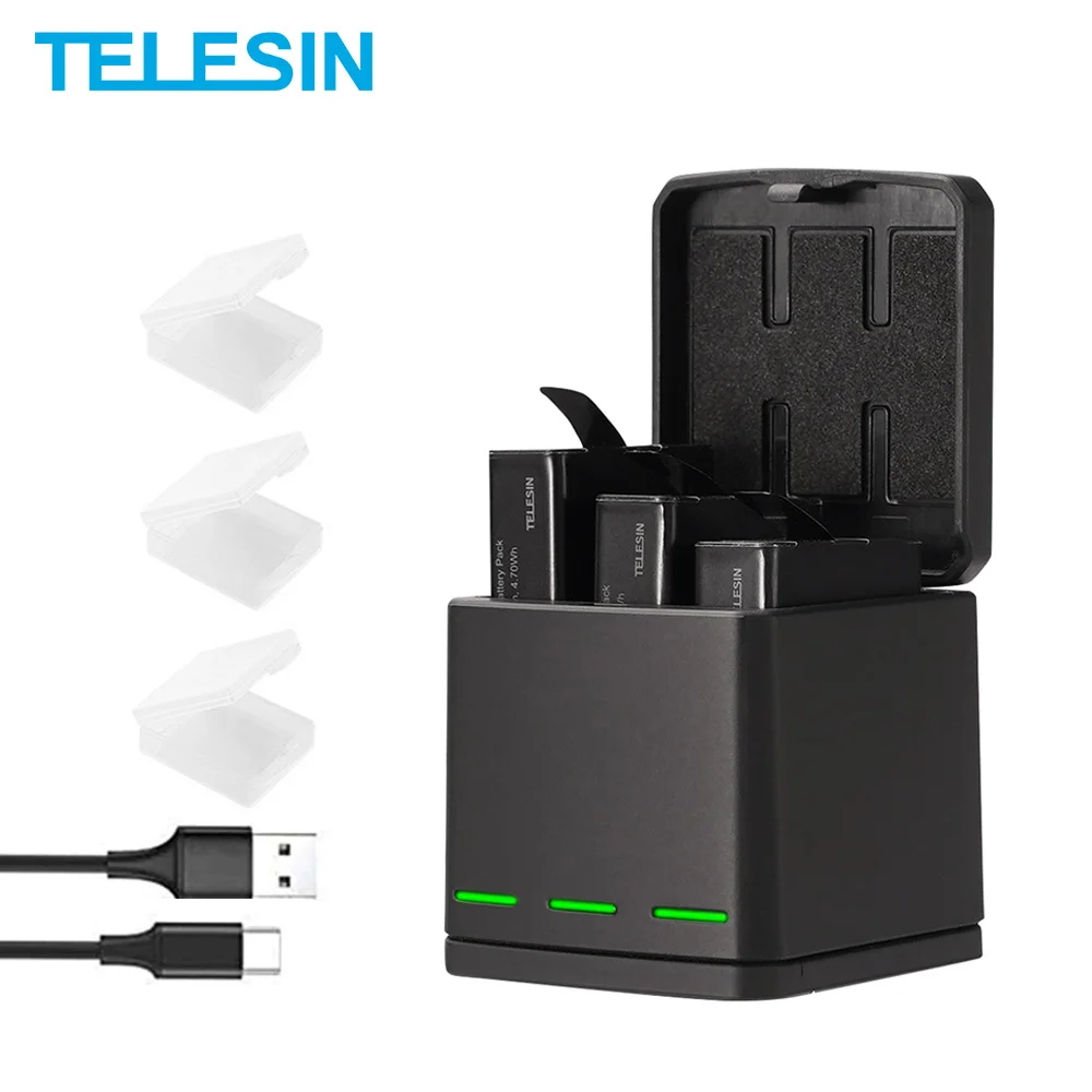 Battery-Charger Camera-Accessories Gopro TELESIN Hero LED for 3-Slots Storage-Box Type-C-Cable