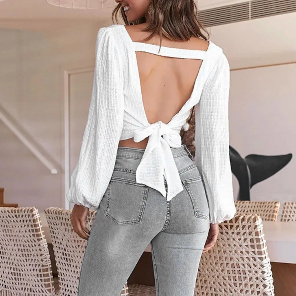 

White Blouse Women Backless Cross Bow Tie Daily Open Back O Neck Puff Sleeve Top Ladies Casual Loose Shirt blusas mujer de #38