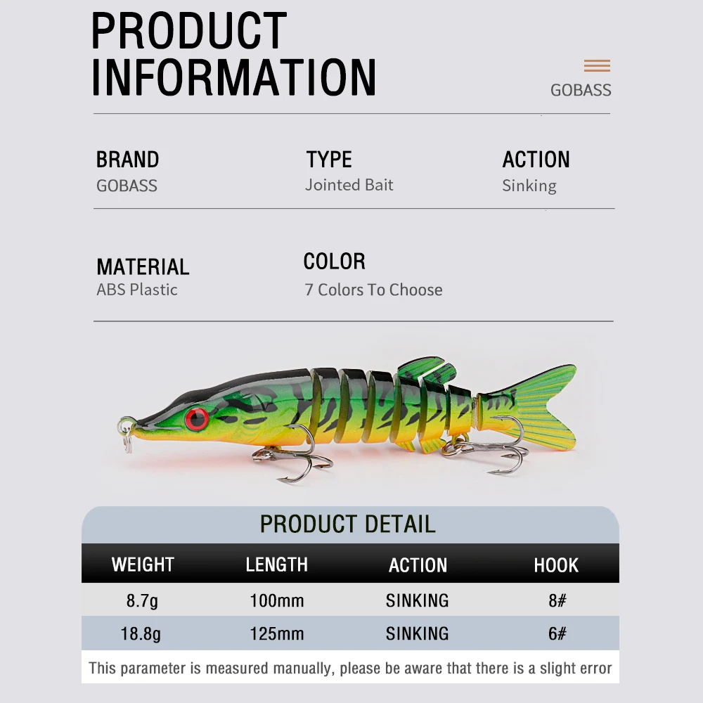 파이크 낚시를위한 GOBASS 100mm/125mm 싱킹 워 블러 8 세그먼트 멀티 관절 Swimbait 하드 인공 루어 낚시