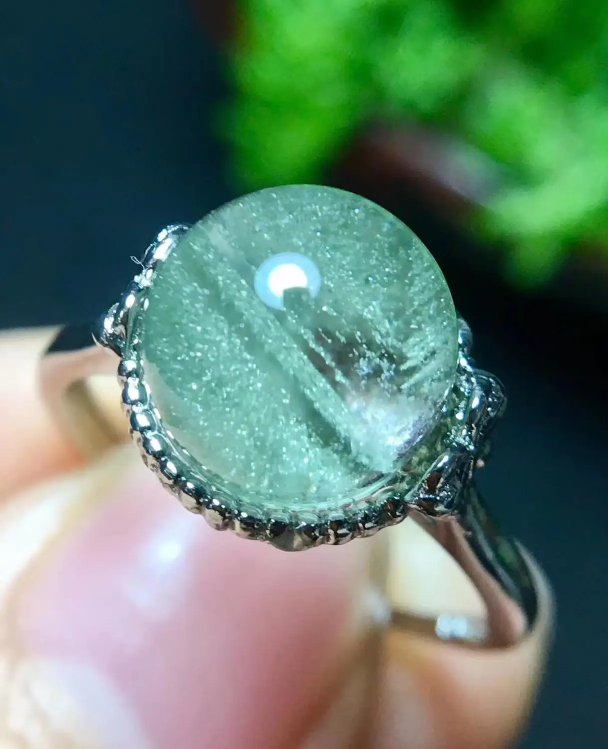 

9mm Natural Green Phantom Quartz Crystal Ring Women Men Clear Bead Lucky Stone 925 Silver Adjustable Ring Jewelry AAAAA
