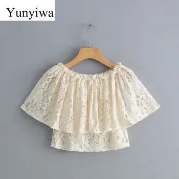 

New Women Sexy Slash Neck Lace Crochet Short Shirt Blouses Women Off Shoulder Ruffles Roupas Sweet Lace Blusas Tops